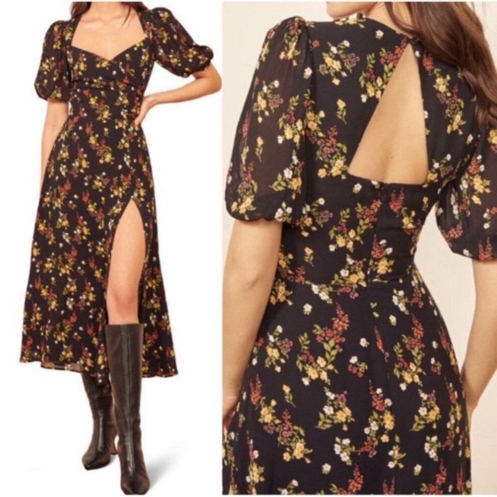 Reformation Black Floral Backless Dress - 
Vionette Midi Dress in Wildflower - Picture 3 of 8